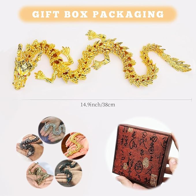 LIYAOLI 5 Pcs Large Metal 3D Printed Articulated Chinese Dragon Figurine Statue Bookshelf Decor 15 Inch Flexible Joints Luck Dragon for Home Office Desk Decoration