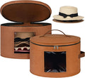 Lifewit Round Cowboy Hat Box for 7 Caps, Large Felt Hat Organizer Bag for Men&Women Storage, Baseball Cap Container with Lid for Travel, Foldable 16.5" Dx10.6 H Carrier, 37L Each, Brown 2 Pack