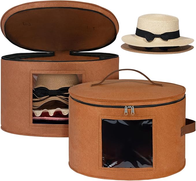 Lifewit Round Cowboy Hat Box for 7 Caps, Large Felt Hat Organizer Bag for Men&Women Storage, Baseball Cap Container with Lid for Travel, Foldable 16.5" Dx10.6 H Carrier, 37L Each, Brown 2 Pack