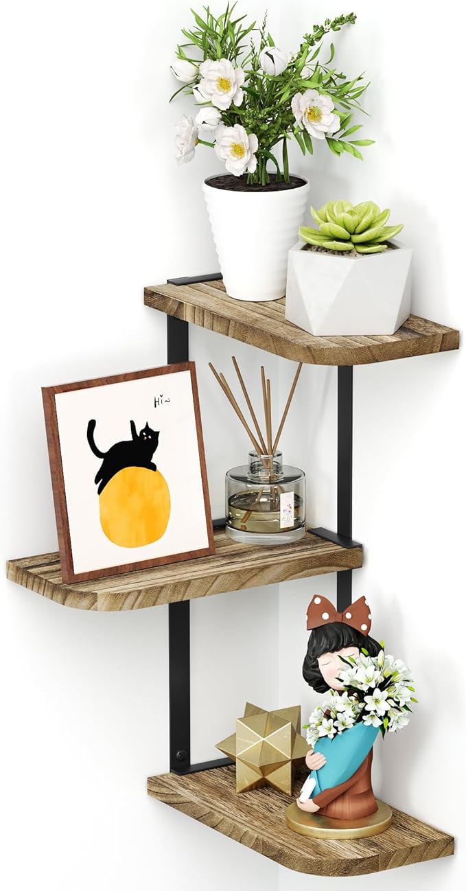 Love-KANKEI Corner Shelf Wall Mount of 3 Tier Rustic Wood Floating Shelves for Bedroom Living Room Bathroom Kitchen Office and More Carbonized Black