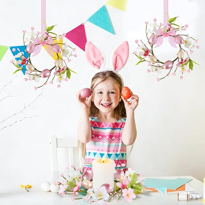 8 PCS Small Easter Wreaths for Kitchen Cabinet Mini Artificial Easter Egg Flower Wreath for Front Door Spring Summer Hanging Wreath with Pink Ribbon Berry for Home Porch Wall Window Farmhouse Decor