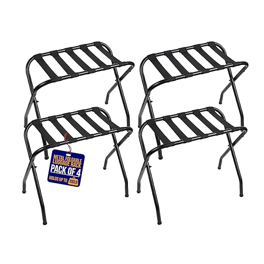 Lifemaster Metal Luggage Rack - Pack of 4 Foldable, Easy Assembly, Space Saving, and Stylish Steel Frame Guest Suitcase Stands with Nylon Straps - Black