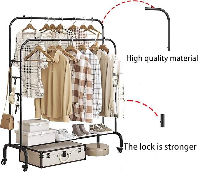 SUOERNUO Garment Rack with Wheels Clothing Rack for Hanging Clothes Multi-functional Bedroom Clothes Rack，Black+Double RodsBlack