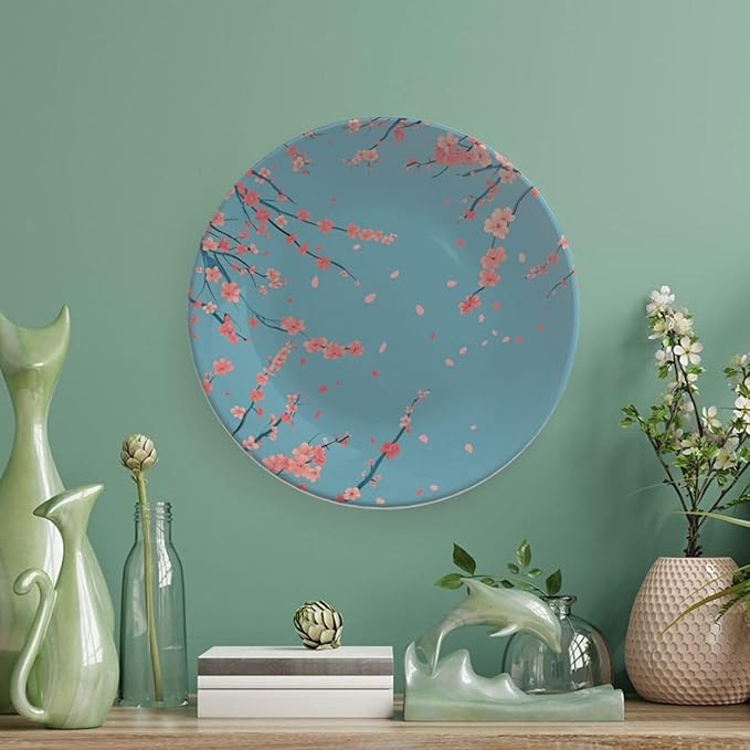 Japanese Spring Theme Decorative Ceramic Plate Round Porcelain Plate,Sakura Tree Branches Pattern,for Decorative Ornaments Giving Plates, 1 Plate with 1 Display Stand,Blue Pink,6 inch