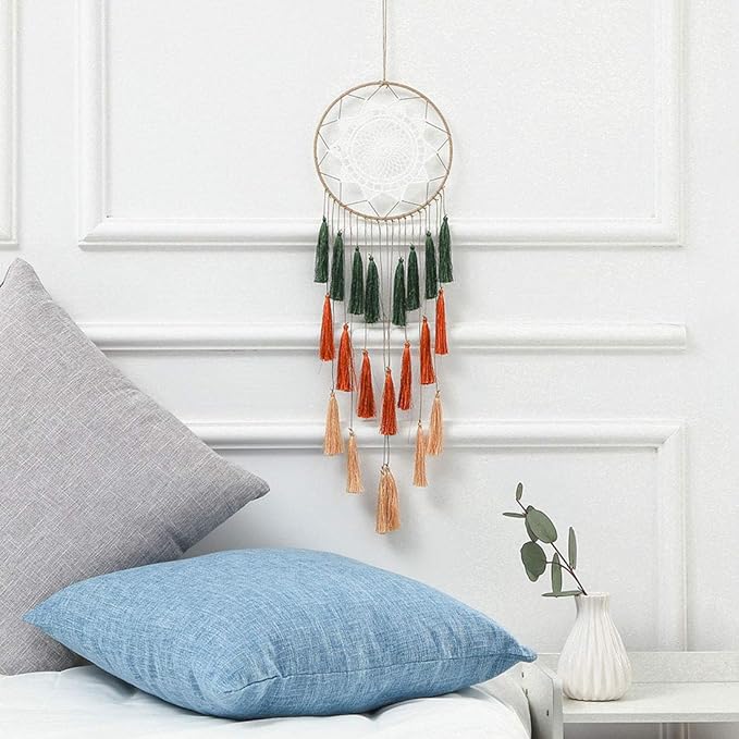 Dream Catchers for Teens Girl Bedrooms Decor Boho Nightmare Crochet Sun Floral Woodland Traditional Dreamcatcher Windchime for Boy Room Decorations, Baby Shower, Toddler Crib,Gold Green Orange