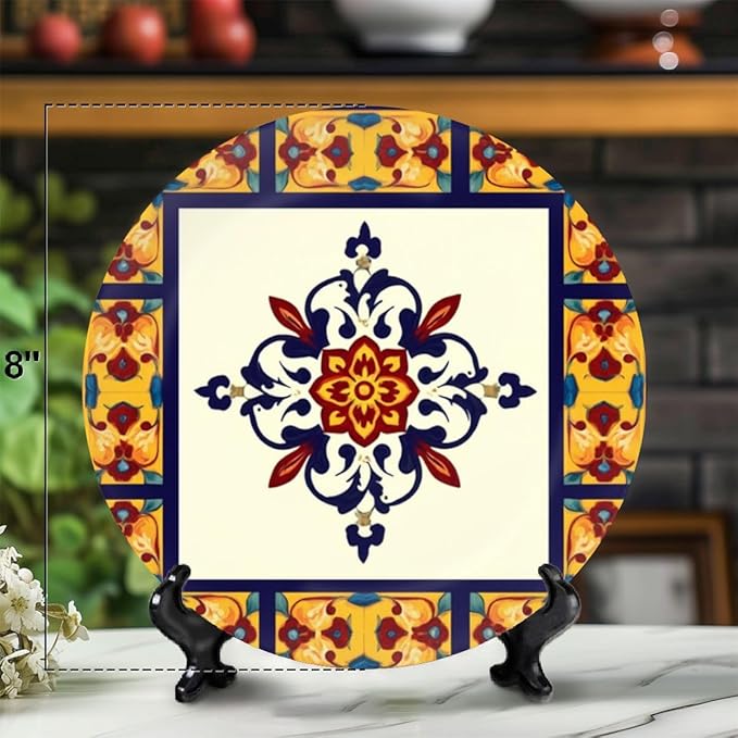 Decorative Plates for Display 10" Talavera Mexican Tile Floral Medallion Ceramic Ornament with Display Stand and Hook Up for Wall Decor Hanging Festival Wedding Gift