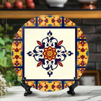 Decorative Plates for Display 8" Talavera Mexican Tile Floral Medallion Ceramic Ornament with Display Stand and Hook Up for Wall Decor Hanging Festival Wedding Gift