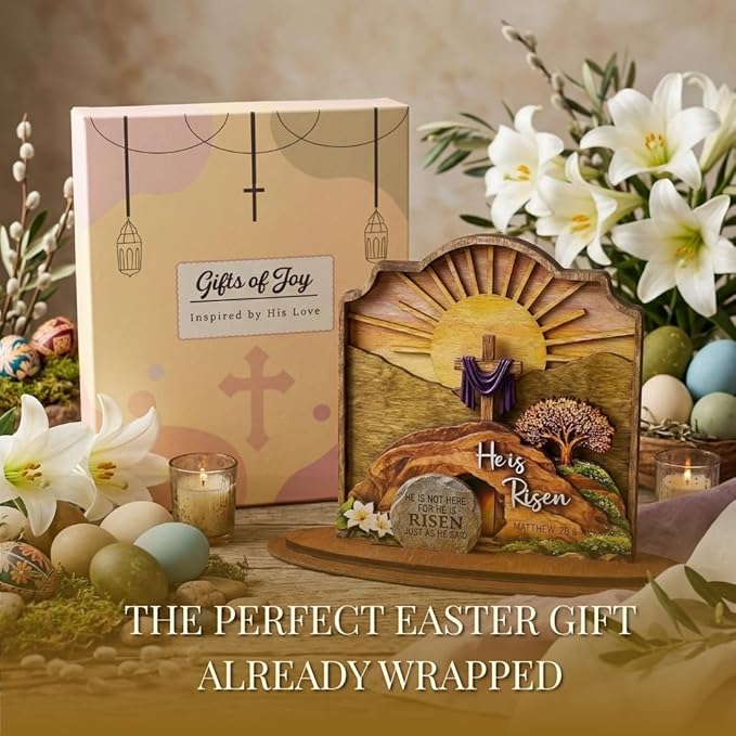 KATINAT He Is Risen Easter Decor, 3-Layer Wooden Empty Tomb Scene with Movable Stone, Religious Easter Decorations for Home Tabletop Shelf, Christian Gift Box Included, 6x6 Inch