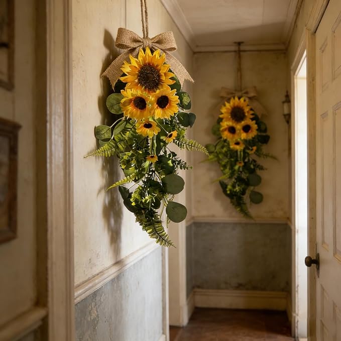 24in Artificial Sunflowers Teardrop Swag Spring Summer Sunflowers Floral Swag Wreath with Burlap Bow Fake Yellow Sunflower Garland for Front Door Indoor Outdoor Window Home Decor