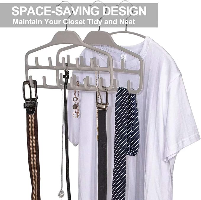 FairyHaus Belt Hanger Organizer 2 Pack, Non Slip Tie Rack Holder, Durable Hanging Closet Accessory Hooks for Belts, Ties, Jewelry, Scarves, Tank Tops, Grey