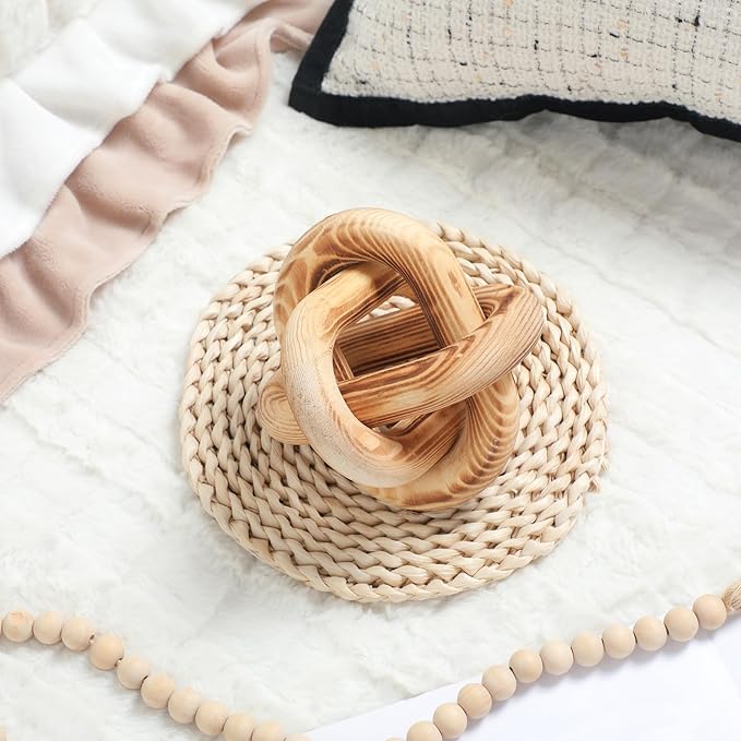 Yalikop 3 Link Wood Knot Decor Rustic Home Décor Accents Hand Carved Coffee Table Decoration, Boho Chain Link Decoration, Modern Shelf, Rustic Objects for Home Living Room Bedroom(Burnt)
