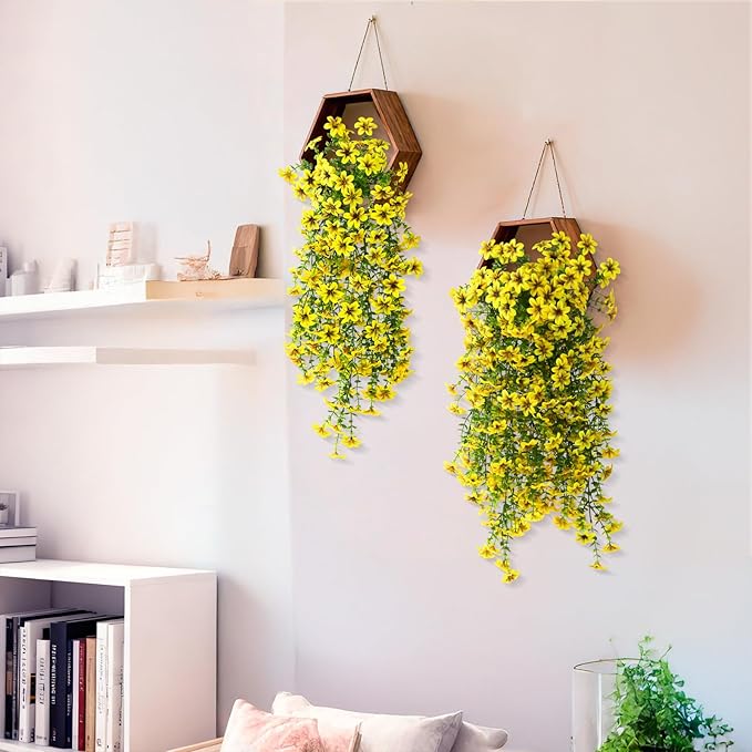 Artificial Hanging Flowers Plants for Outdoor Spring Summer Decoration, 2PCS Faux Silk Daisy UV Resistant Look Real for Outside Home Indoor Planter Porch Garden Yard Decor(Yellow)