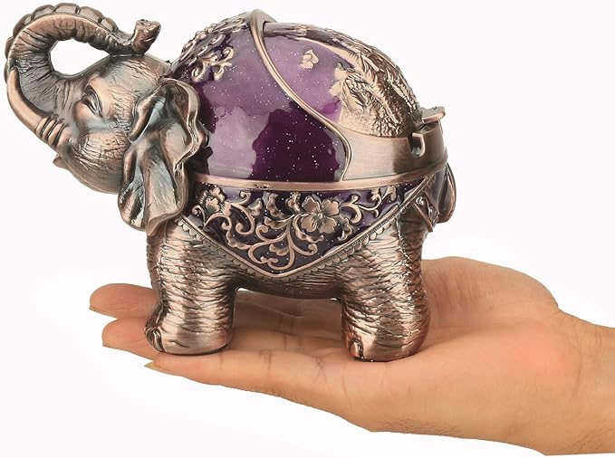LAUYOO Elephant Decorative Ashtray with Lid for Cigarettes Metal Smoking Ash tray Holder for Smoker Windproof Cigarette ashtrays for Indoors Outdoors Fancy Gift for Men Women (Dark Purple)