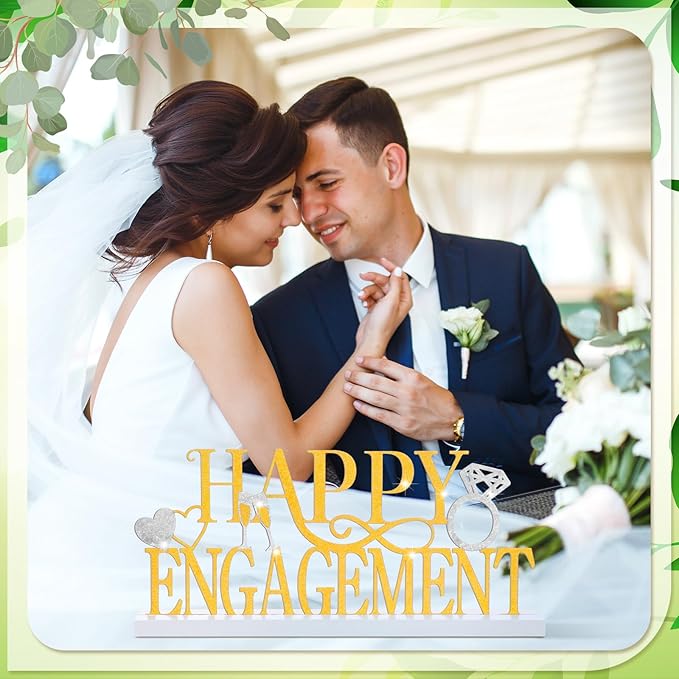 Teenyyou Happy Engagement Sign Gold Engagement Table Decor Metal Centerpiece with Wooden Base Home Desk Decor Tabletop Ornament Elegant Blessing Gift for Bride and Groom Wedding Shower Ceremony Party