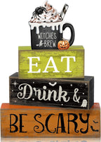 Lineshading 4 Pcs Halloween Table Decor - "Eat Drink & Be Scary" Witch Brew Themed Stackable Block Signs, Rustic Farmhouse Halloween Table Centerpieces for Home Kitchen Dining Coffee Bar