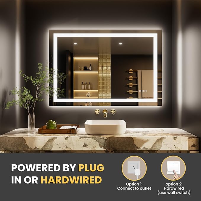 LOAAO 50"x34" LED Bathroom Mirror with Lights, Anti-Fog, Dimmable, Backlit + Front Lit, Lighted Bathroom Vanity Mirror for Wall, Memory Function