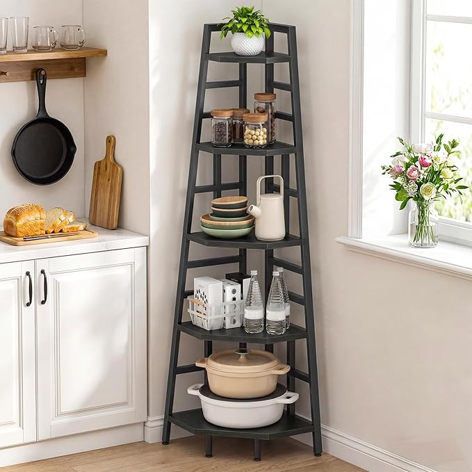 CHOEZON 70.1-Inch 5-Tier Tall Corner Shelf, Narrow Bookshelf for Small Spaces, Industrial Bookcase Display Stand for Living Room, Bedroom, Office, Black TCJ25BB