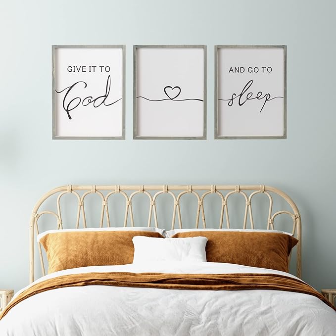 Set of 3 Framed Farmhouse Give it to God and Go to Sleep Signs 11x14” Above Bed Wall Decors for Bedroom Wood Signs (11x14 inches, Gray)