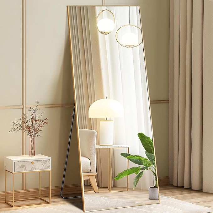 DUMOS 19"x58" Full Length Mirror with Stand, Floor Standing Aluminum Frame, Shatter-Proof Nano Glass for Bedroom, Living Room, Cloakroom – Modern Simple Home Decor,Can Be Hanging or Leaning, Gold