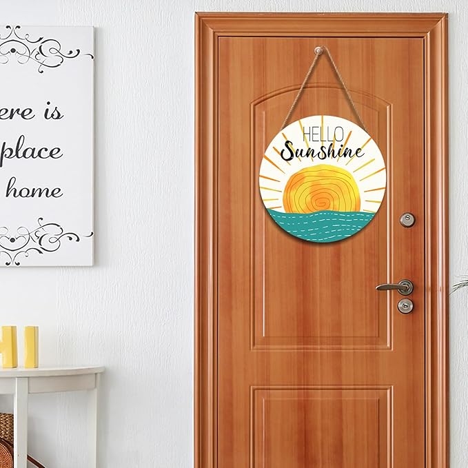 Summer Wreaths for Front Door Hello Sunshine Welcome Sign Summer Sunshine Decoration Wooden Door Hanger Sunset over Sea Farmhouse Hanging Plaque Sign for Home Porch Indoor Outdoor Outside 12”x12”