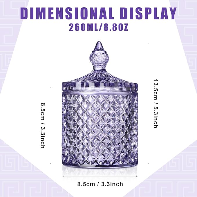 Aoriher 4 Pcs Crystal Glass Candy Jar Set with Lids Home Decorative Storage Jars for Apothecary, Bathroom, Kitchen, and Pantry, Ideal for Cotton Swabs and Jewelry(Medium,Light Purple)