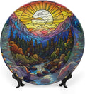 Stained Glass Theme Decorative Ceramic Plate Round Porcelain Plate,10 inch,Sunset Forest Stream Pattern,for Decorative Ornaments Giving Plates, 1 Plate with 1 Display Stand,Multicolor