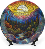 Stained Glass Theme Decorative Ceramic Plate Round Porcelain Plate,10 inch,Sunset Forest Stream Pattern,for Decorative Ornaments Giving Plates, 1 Plate with 1 Display Stand,Multicolor