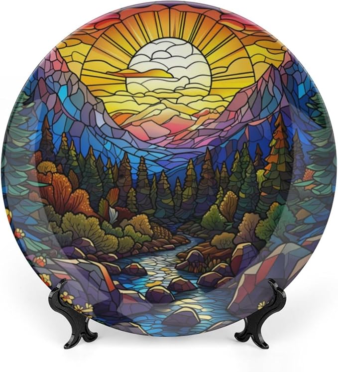 Stained Glass Theme Decorative Ceramic Plate Round Porcelain Plate,10 inch,Sunset Forest Stream Pattern,for Decorative Ornaments Giving Plates, 1 Plate with 1 Display Stand,Multicolor
