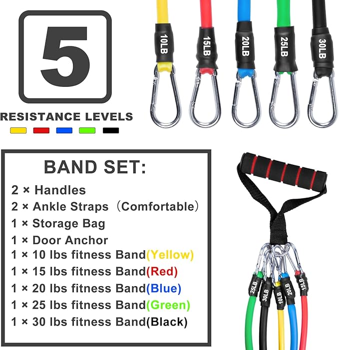 Resistance Bands Set (12pcs), Workout Bands with Handles, Door Anchor, Ankle Straps and Carry Bag, Exercise Bands for Shape Body and Home Workouts