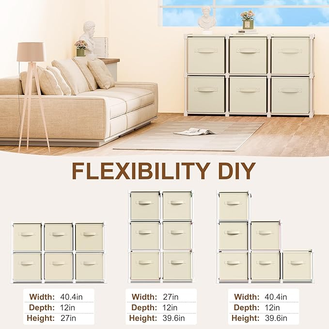 6 Cube Storage Organizer with Shelf Back to School Boxes 11 Inch Toy Storage Bins Closet Organizers Drawers Fabric Dresser for Playroom Books Bedroom Dorm Kitchen (Creamy White)