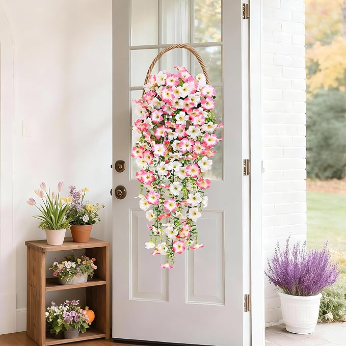 Waipfaru Artificial Petunias Flowers for Outdoors, 2 Pcs UV Resistant Fake Hanging Plants Spring Outside Decor, Faux Silk Flowers Long Trailing Vines for Outdoor Planters Porch Garden (Pink White)
