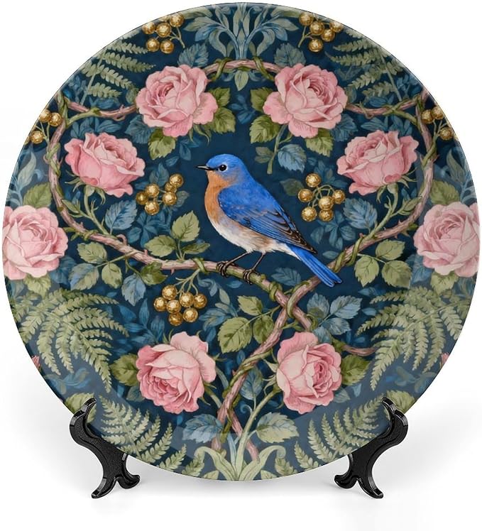 William Morris Forest Rose And Blue Birds Decorative Plate of 6", 7", 8", 10", Custom Christmas Ceramic Display Plate, Custom Gifts, Art Decoration Farmhouse Decorations Club, with Display Stand