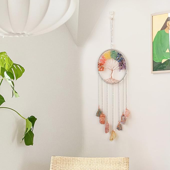 Tree of Life Dream Catchers with Crystal 7 Chakra Gemstone Dream Catchers Color Natural Gem Raw Stone Wall Hangings Room Garden Dreamcatchers Decor(Silver)