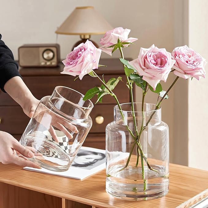 Clear Vases for Centerpieces, 9 Inch Large Glass Vase for Bouquet, Glasses Home Decor Modern Jarrones Decorativos for Wedding Living Room Dining Table Office
