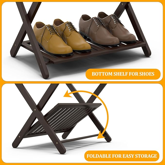 Bamboo Luggage Racks Set of 2, Fully Assembled Luggage Rack for Guest Room, Folding Suitcase Stand with Shoe Shelf, Heavy Duty Luggage Holder for Suitcases, Dark Brown