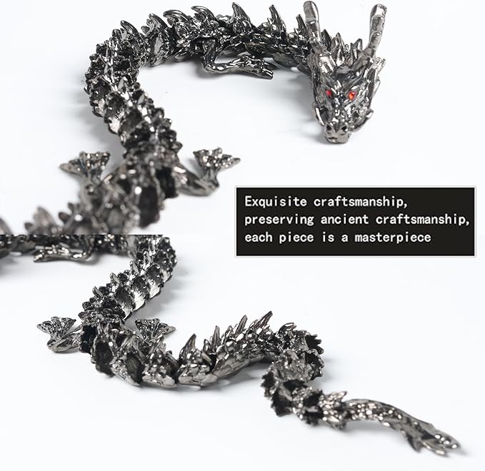 LIYAOLI Metal 3D Printed Articulated Chinese Dragon Figurine Statue Bookshelf Decor 9 Inch Black Flexible Joints Luck Dragon for Home Office Desk Decoration