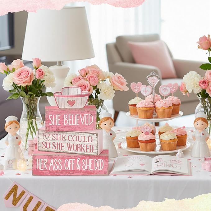Lineshading 4 Pcs Nurse Appreciation Wooden Block Decor Inspirational "she Believed She Could" Stacked Sign with Nurse Hat Rustic Pink White Table Decoration for Nurses, Graduation Gift, Home & Office