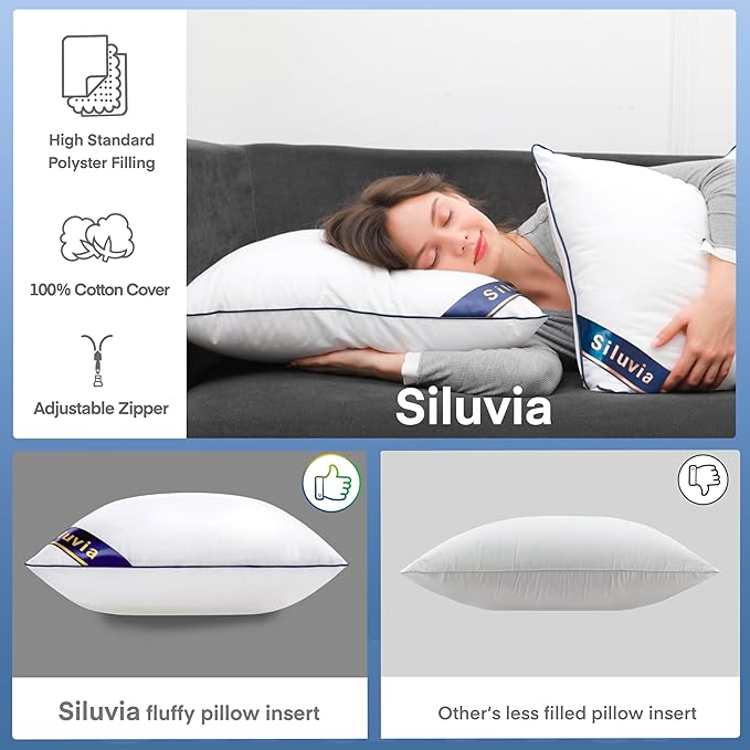 Siluvia 18"x18" Pillow Inserts Set of 2 Decorative Square Throw 18" Pillows with 100% Cotton Cover for Sofa, Couch, and Bed - White