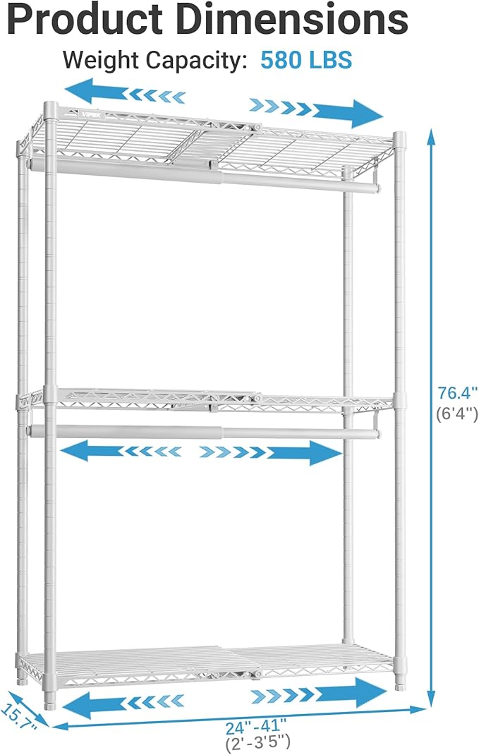 VIPEK X1 Expandable Clothes Rack Heavy Duty Adjustable from 2' to 3'5" with Flexible Shelves and Hanger Rods Metal Garment Racks Portable Closet Rack Clothing Racks for Hanging Clothes, White