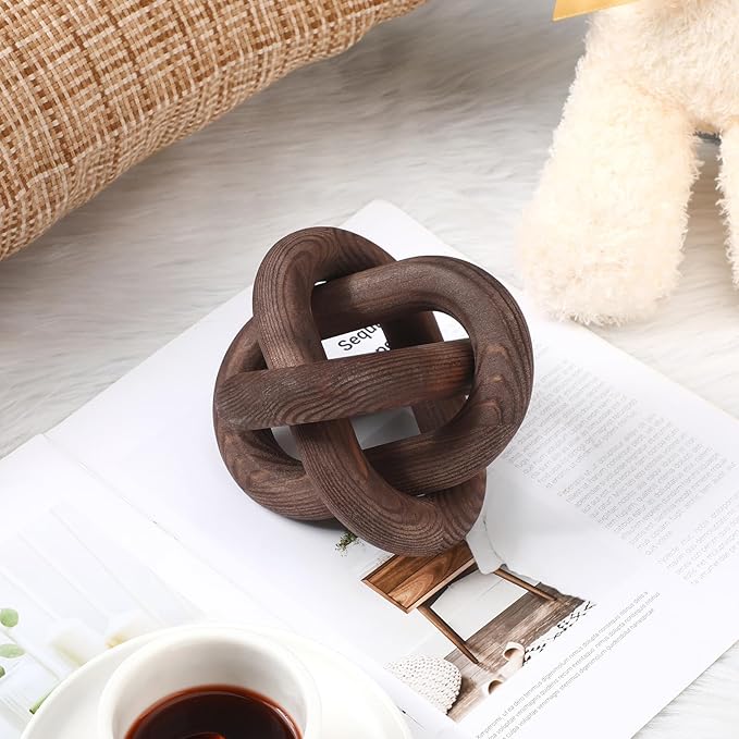 Yalikop 3 Link Wood Knot Decor Rustic Home Décor Accents Hand Carved Coffee Table Decoration, Boho Chain Link Decoration, Modern Shelf, Rustic Objects for Home Living Room Bedroom(Black Walnut)