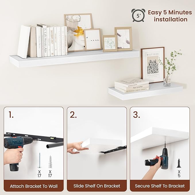Vivelove White Floating Shelves Over Toilet, 24/36/48/55 Inch X 12 Deep Shelves for Room Wall Mounted, 2" Thick Floating Shelf for Living Room Bedroom Bathroom Kitchen Laundry Room, Set of 2