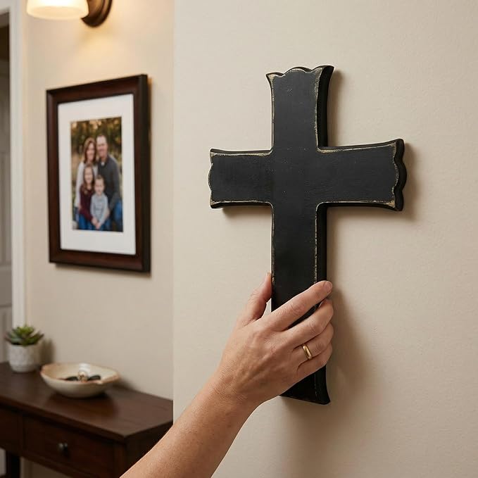 Black Wooden Cross Wall Decor, Religious Cross Gifts With Hook on Hanging Wall Or Table, Confirmation Cross Gift, Baptism Gifts, Rustic Home Church Room Crosses Décor, 10x6.5 IN
