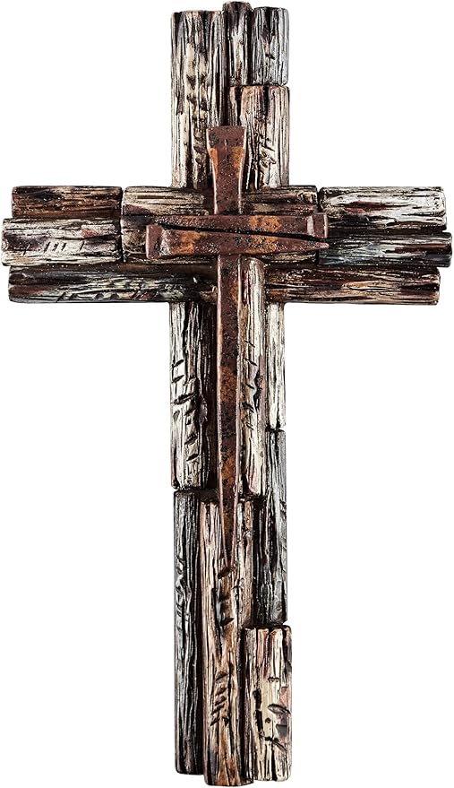 Eagrafts Rustic Decorative Layered Wood Like Resin Wall Cross With Faux Iron Nails, Home Wall Decor