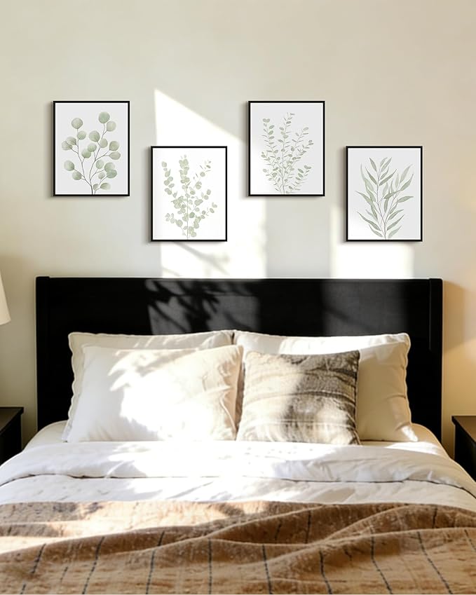 Drsoum Botanical Plant Framed Wall Art Boho Wall Decor for Bathroom Sage Green Eucalyptus Leaf Prints Minimalist Aesthetic Ready to Hang Set of 4, 11x14 in (Black Framed)