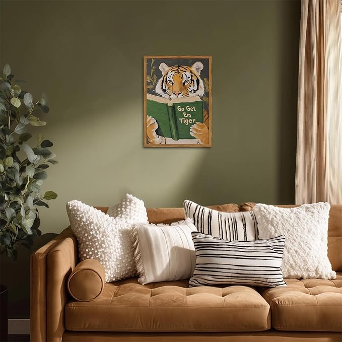Framed Funny Tiger Wall Art, Motivational Animal Reading Wall Decor Paintings, Eclectic Go Get Em Tiger Canvas Prints Pictures Home Decor for Living Room Bedroom Dorm Office 12x16 inch