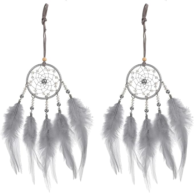 uxcell 2pcs Dream Catchers, Small Handmade Feather Dreamcatcher Supplies Car Charm with Crystal Beads Wall Hanging Decor for Home Car Decoration Ornament Women Friend Gift, Purple Grey