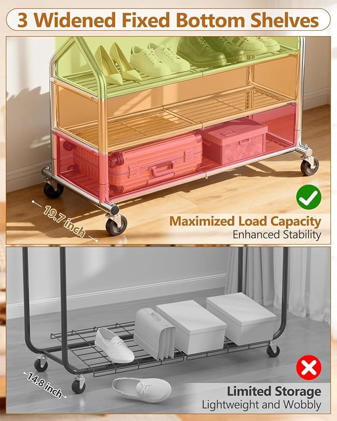 EAGMAK Heavy Duty Clothes Rack Load 686 LBS, Rolling Clothing Rack with 3 Shelves, Height Adjustable Metal Coat Rack, Portable Garment Closet Wardrobe Organizer with Wheels for Hanging Clothes, Silver