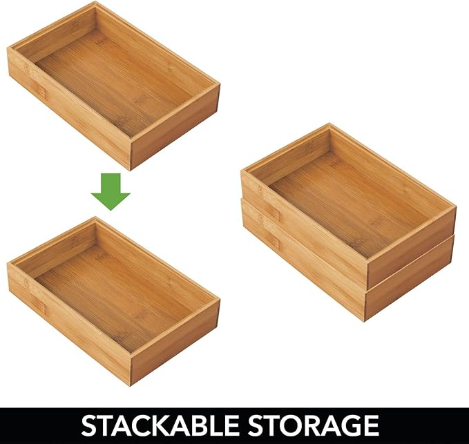 mDesign Pack of 2 Functional Drawer Organiser — Elegant Bamboo Kitchen Drawer Divider for Cutlery, Silverware, Utensils – Convenient Drawer Separator – Light Brown