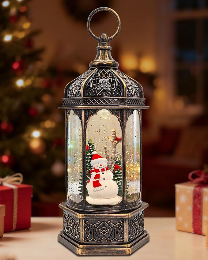 Large Snowman Snow Globe, Cardinal Christmas Tree, Lighted Snow Globes Lantern, Musical&LED Lights, 8 Classic Songs, 6-Hour Timer, Xmas Gifts and Holiday Decoration