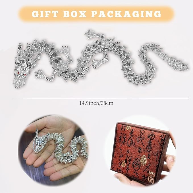 LIYAOLI 3D Printed Metal Articulated Chinese Dragon Figurine Statue Bookshelf Decor 15 Inch Silver Flexible Joints Luck Dragon for Home Office Desk Decoration